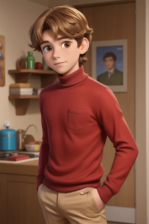 A 14 year old young man, With shaggy brown hair, nice face, Boxy face, And brown eyes, Wear a red turtleneck.,He puts his hand in his pocket