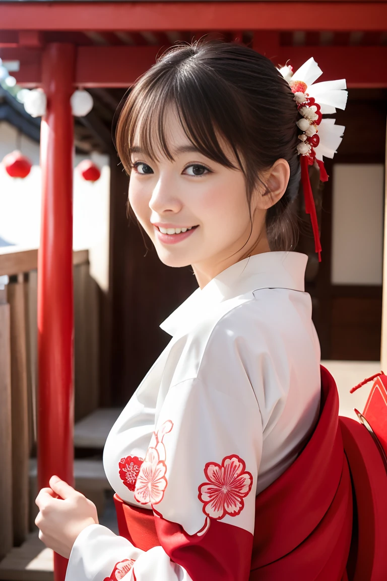 (Highest quality、In 8K、Masseter muscle area、Delicate illustrations)、Beautiful Japanese Shrine Maiden(A kind smile)、(Plump body 1.1)、((White kimono and red hakama)1.1)、Japanese shrines are crowded with people during the New Year.々Bustling with、