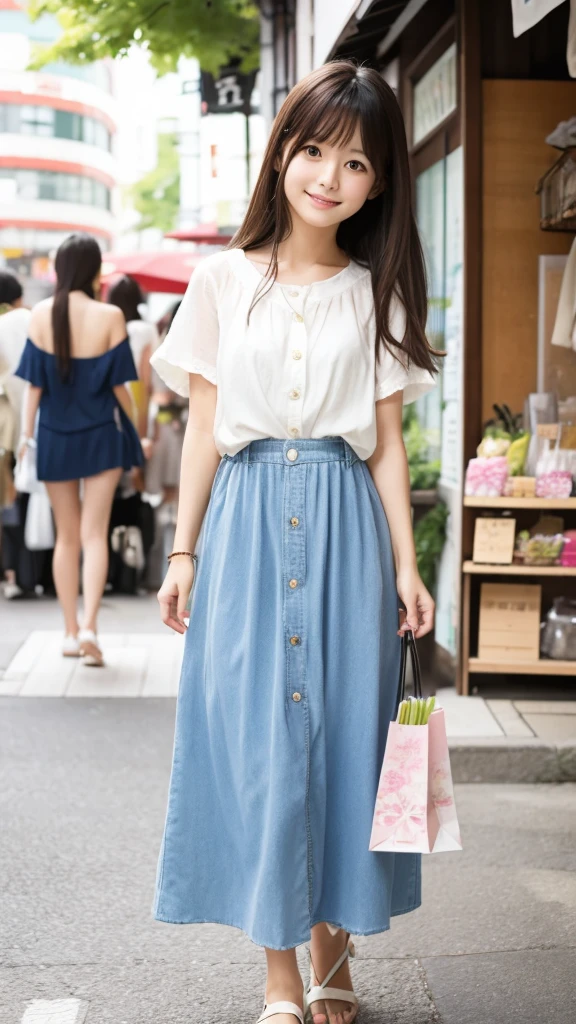 A Japanese woman with a pure and innocent image。Someone with beautiful long hair。Summery outfit for a shopping date