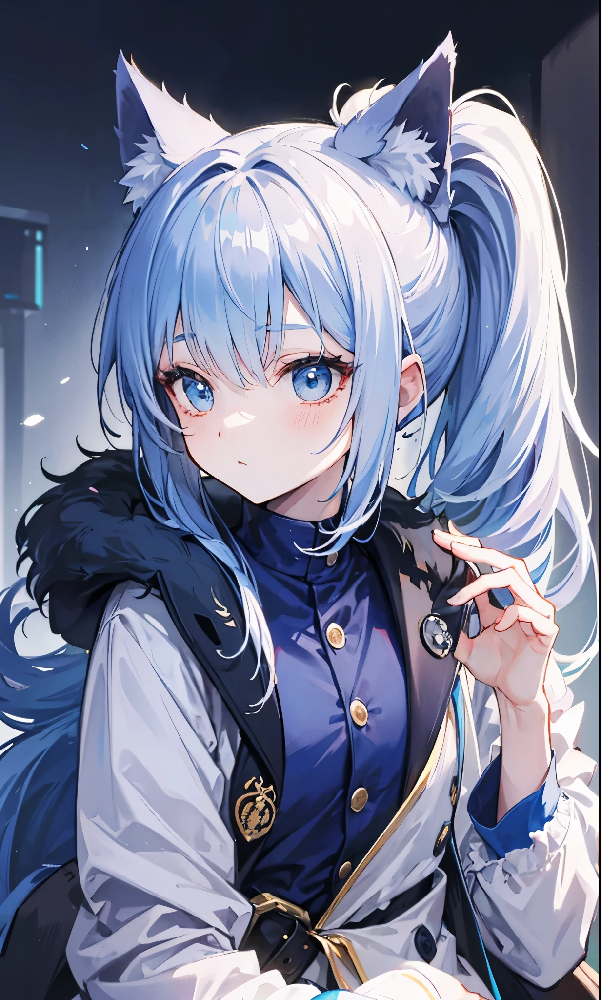 Dark blue fox-like high ponytail,Simple light blue cotton coat,Petite cute sweet lady girl