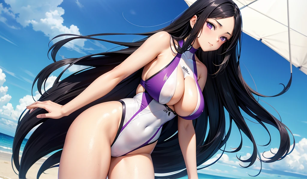 Adult woman with long straight black hair and huge breasts,Bare arms,Purple and white swimsuit,thigh,beach