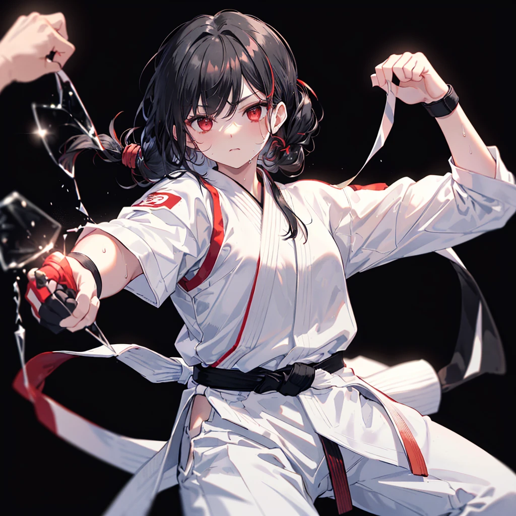 ((((Karate Black belt、Straight punch Breaking Glass)))) (((White Doshi White trousers、Sweat Bright red eyes Black Hair Long Hair Tie your hair back))) ((Black background Front close-up)) Shining Edge Shining Background