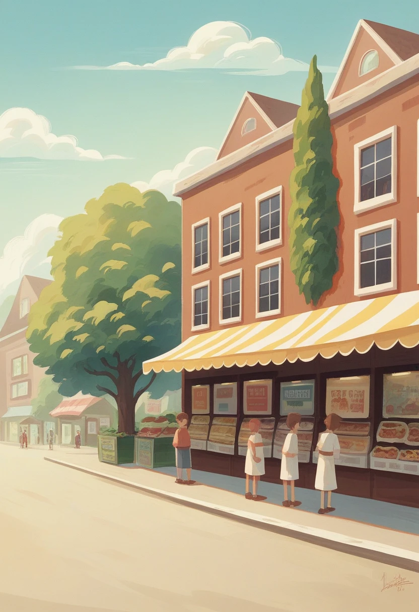 A fresco painting depicting modern American life in the style of Michelangelo, showing intricate details of everyday people going about their daily routines. Focus on the musculature and expressions of the subjects while capturing a slice of heartwarming, small town Americana reminiscent of Norman Rockwell. Include people shopping at a corner grocery store, kids playing ball in an empty lot, families sharing a Sunday dinner. Render the scene with Michelangelo's technical mastery of human anatomy and form, but imbue it with Rockwell's sentimental, nostalgic view of community and American values.