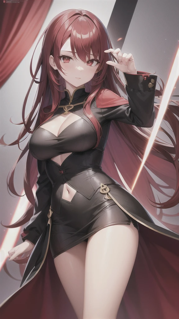 red hair, cool black and red jacket, white inner dress, deep orange eyes, mature and older look, animemanga girl, detailed key animation art, changli from wuthering waves