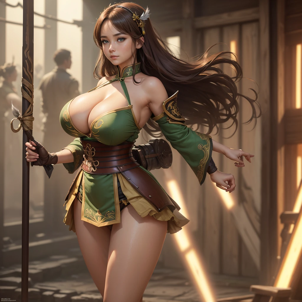 Highly detailed CG unit 8k wallpaper, masterpiece, High resolution, highest quality, highest quality real texture skin, Super Real, Digital Painting, Best image quality, 最High resolution, 8k, ((Highly detailed eyes and face)), 1girl, Beautiful eyes every detail, Full Body Shot, profile, chinese style embroidery, dress, Shogun, Military commander, general, armor, ((disproportionate breasts, huge breasts, sagging breasts, Cleavage, gigantic breasts, Saggy breasts, Gravity-dependent breasts, long chest, Heavy chest, erect nipple)), lewd, Prostitute, smile, (tanned skin, light brown hair, ), light green, deep green, ((spear on hand)),