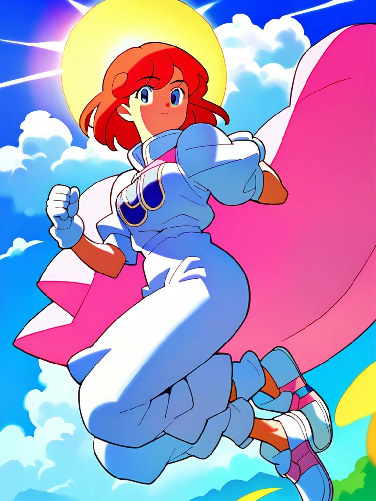 pastel,score_9,score_8_superior,score_7_superior,sauce_anime,One girl,alone,View your viewers,shirt,White puff sleeves,Short sleeve,White gloves,White pants,shoes,White footwear,Laughter,arm superior,Clenched hands,blue sky,nature,In the meadow,sun,lens_Flare