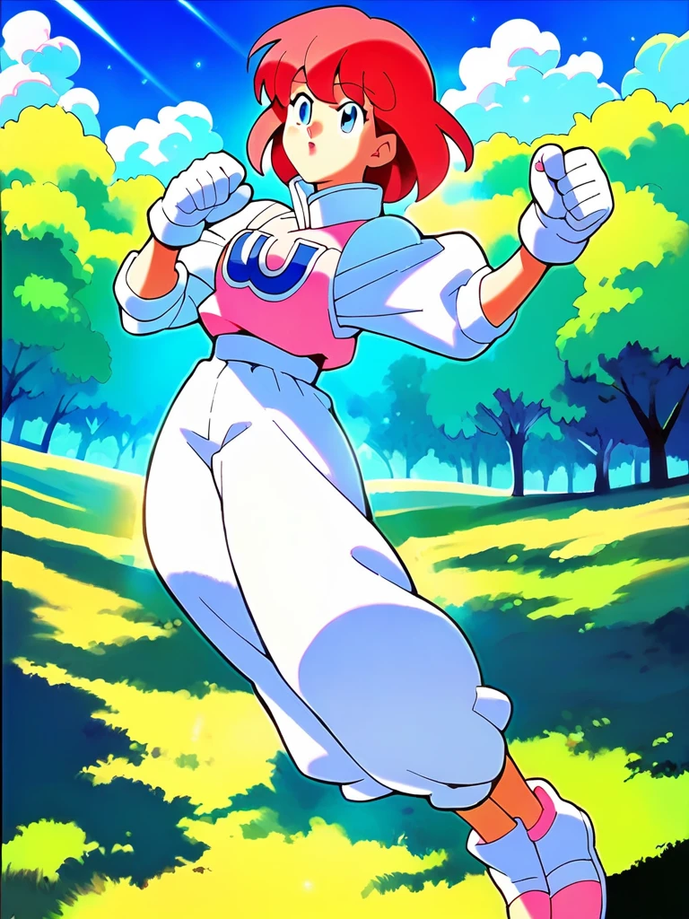 pastel,score_9,score_8_superior,score_7_superior,sauce_anime,One girl,alone,View your viewers,shirt,White puff sleeves,Short sleeve,White gloves,White pants,shoes,White footwear,Laughter,arm superior,Clenched hands,blue sky,nature,In the meadow,sun,lens_Flare