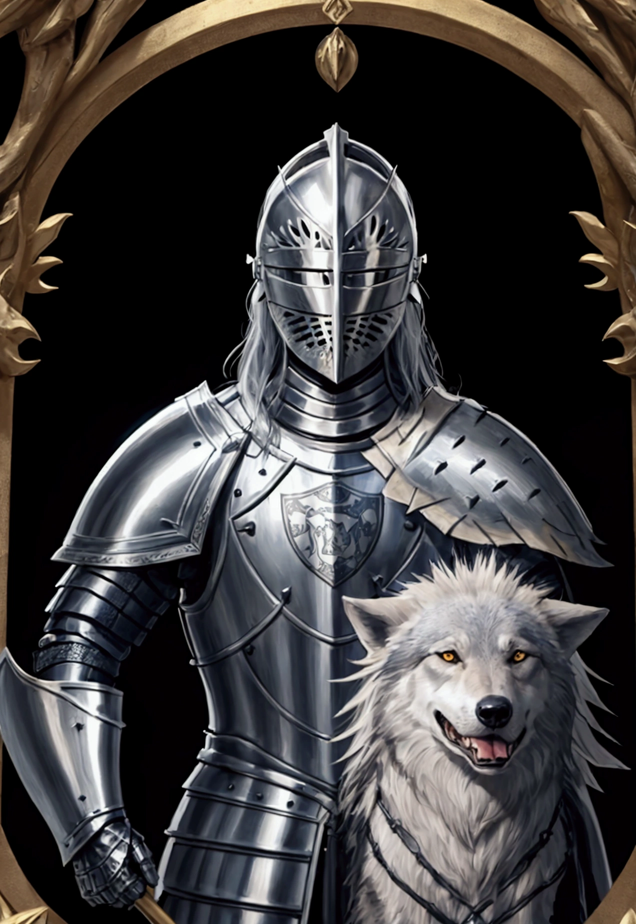 Knight wearing armor and a shield with a wolf as coat of arms