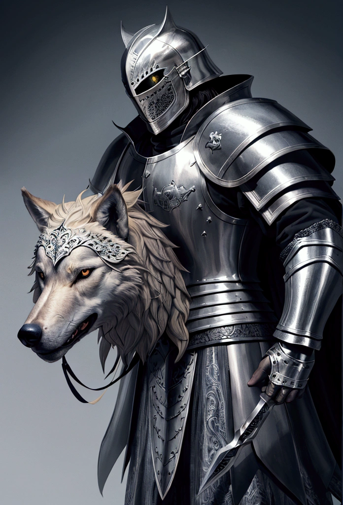 Knight wearing armor and a shield with a wolf as coat of arms