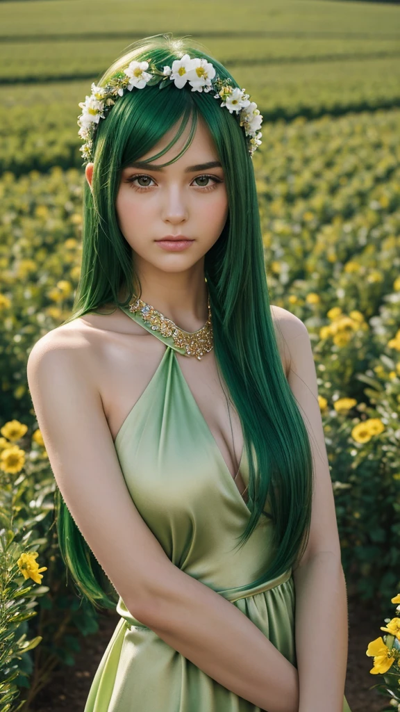 a girl. the face sends feeling. Europe. Oval face. long face. delicate facial features. shy eyes. seductively seductive. long straight hair. green hair. wreath on head. sad expression. green silk halter dress. straight face. in the flower field