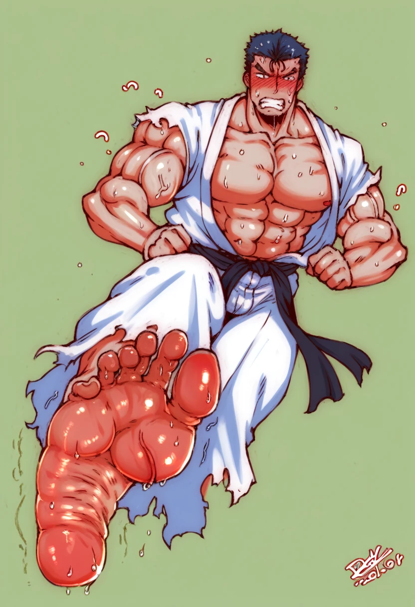 Ultra detailed, Highres, HDR, ryo sakazaki, (((full body))),blush,bulge,muscular,masculine,masterpiece,muscle, Well-built physique,long legs,((Foot sweat)),((sweat foot soles )),a male whose feet are stained with mucus, shiny feet,foot focus,,((a mature),((Flying Kick)),((Jump kick)),((five toes)),((instep bulging veins)),((feet bulging veins)),floating, fighter,samurai,torn clothes,unbuttoned clothes