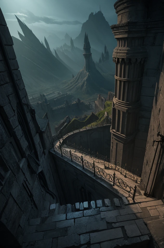 Vast angles, View from the summit, Inside Guldur Valley, Dark floor, First floor with balcony and a view of the abyss, And the floor below the madness staircase, Thorn, Spike Wall. Spooky illustrations, Overly detailed, 8k resolution. Horror Art.