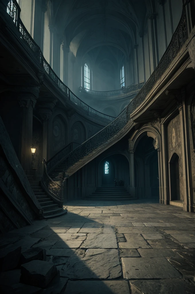 Vast angles, View from the summit, Inside Guldur Valley, Dark floor, First floor with balcony and a view of the abyss, And the floor below the madness staircase, Thorn, Spike Wall. Spooky illustrations, Overly detailed, 8k resolution. Horror Art.