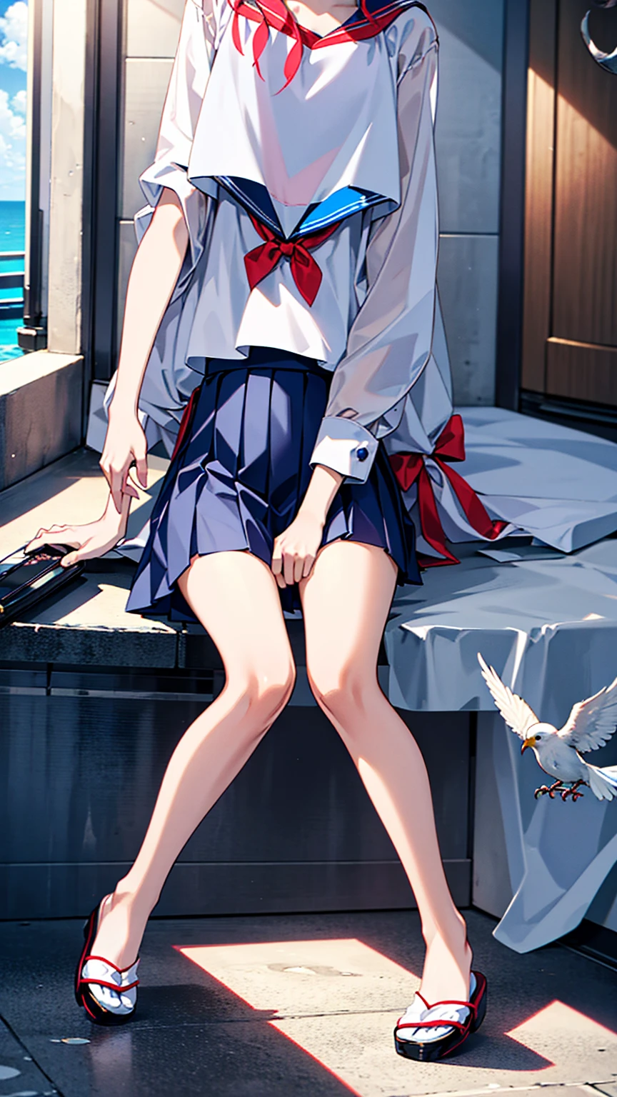 (Film Portrait写真,Film Portrait,Beautiful 2D Wallpaper)(Delicate eyes, Natural skin texture, Facial details)(Soft Professional Lighting,Private Photos,35mm Film, Hazy beauty)(Cute horizontal:1.6,clavicle:1.4,Wearing a sailor uniform and a JK skirt that shows her underwear,Refined waist-to-hip ratio:1.6,White long legs:1.block diagram:1.5,smile,Little red lips:1.4,Attach a ribbon:1.4,Nice legs:1.3,French bang:1.4,Twisted Braid:1.6)(Girly Japanese style pink room:1.4,Birds flying in blue sky and white clouds:1.5,machine,Sitting with feet on the ground,The pictures are very beautiful :1.5)