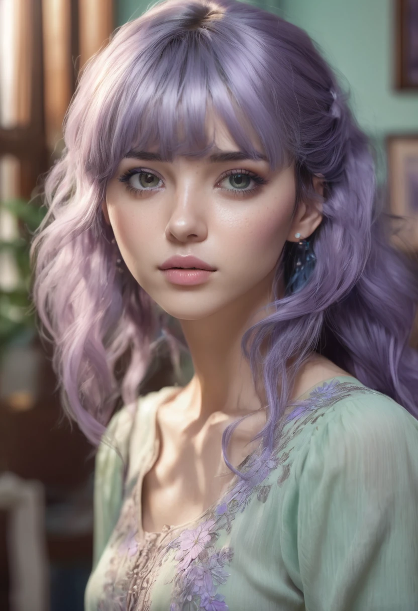 1 woman, inside a room decorated in neutral colors, wearing a lilac blouse, detailed facial features, detailed female purple eyes, detailed brown skin, long mint blue hair with bangs, soft lighting, soft expression on her face, composition cold cinematic, brunette atmosphere, serious face, beautiful, delicate chin, pretty girl, 25 years old (best quality, 4K, 8K, high resolution, art: 1.2), ultra-detailed, (realistic, photorealistic, photorealistic: 1.37)