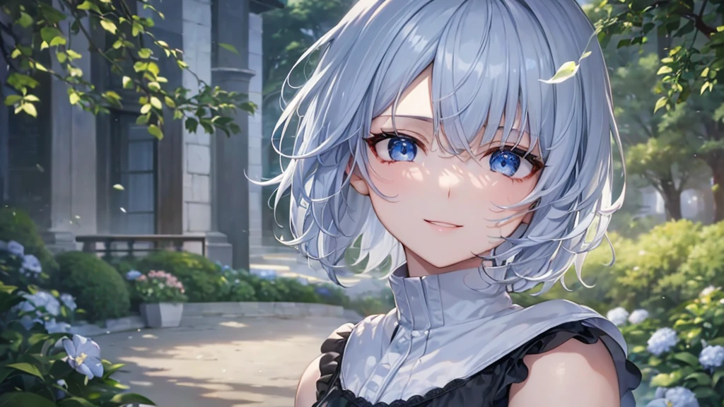 Ultra HD,Look at the viewers, Put your hands behind your back, With a girl, 20-year-old, 非常にShort Hair, Long bangs between the eyes, Pale blue eyes,  Very detailed,(masterpiece、Highest quality),Gray Hair、Laughter、Fantastic, Silver Hair, Iris,  Short hair、 Fluttering Hair、Small Face、明るいsmile、(Detailed face) ,Professional Lighting,Wonderful landscape,blue sky, sunlight,Looking down from above,Portraiture、Open your mouth、Flower Field、Her eyes were shining、Mysterious and enchanting atmosphere。With AI Painting、とてもShort Hair, Long bangs between the eyes, Very detailed,(masterpiece、Highest quality)、alone、Gray Hair、Fantasy, Silver Hair, Fantasyな風景、smile、Open your mouth、short hair、Short Hair、hairpin、black eye、Grey Eyes、Beautiful Eyes、Black Shirt、White hoodie