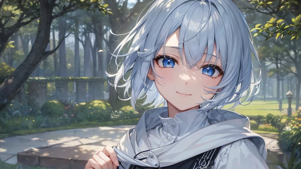 Ultra HD,Look at the viewers, Put your hands behind your back, With a girl, 20-year-old, 非常にShort Hair, Long bangs between the eyes, Pale blue eyes, Very detailed,(masterpiece、Highest quality),Gray Hair、Laughter、Fantastic, Silver Hair, Iris, Short hair、 Fluttering Hair、Small Face、明るいsmile、(Detailed face) ,Professional Lighting,Wonderful landscape,blue sky, sunlight,Looking down from above,Portraiture、Open your mouth、Flower Field、Her eyes were shining、Mysterious and enchanting atmosphere。With AI Painting、とてもShort Hair, Long bangs between the eyes, Very detailed,(masterpiece、Highest quality)、alone、Gray Hair、Fantasy, Silver Hair, Fantasyな風景、smile、Open your mouth、short hair、Short Hair、hairpin、black eye、Grey Eyes、Beautiful Eyes、Black Shirt、White hoodie