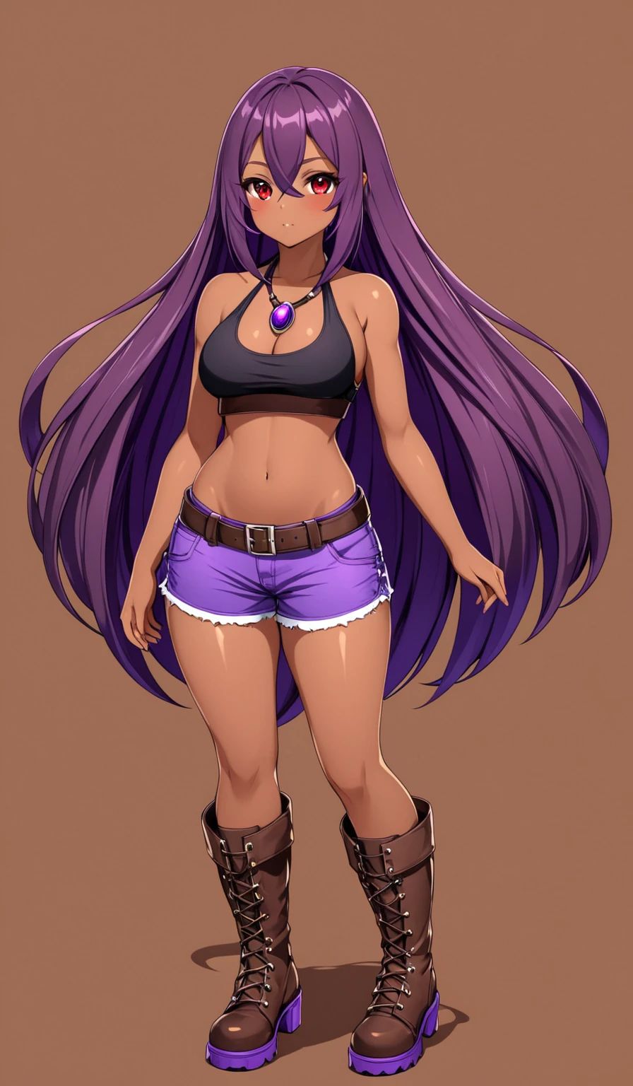 Red eyes brown skin, halter top, shorts, long purple hair, 1 girl, breasts big, big haunches, long hair between the eyes, gazing at viewer, standing alone, whole body, standing, purple hair boots


