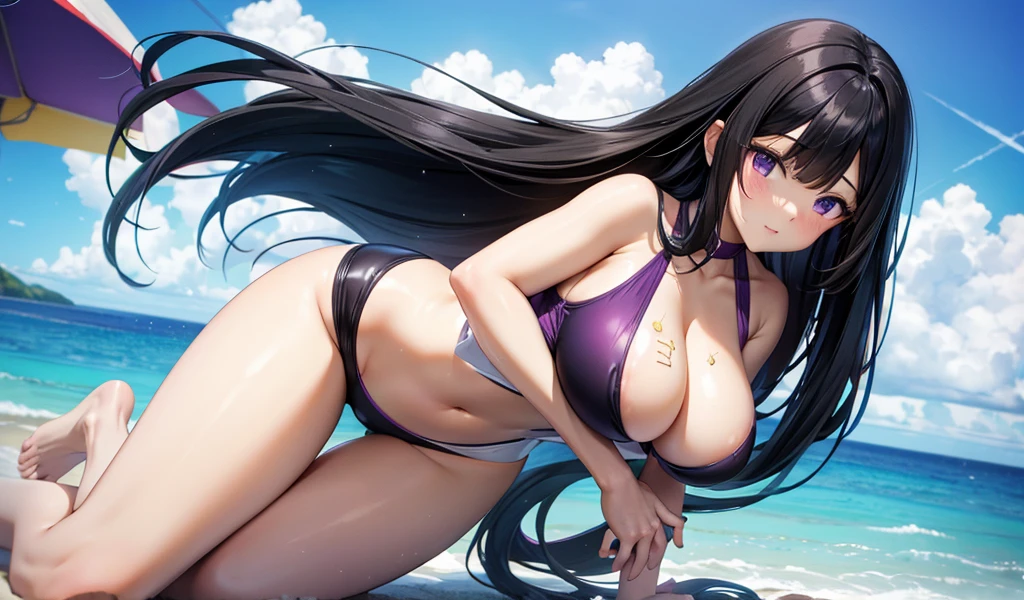 Adult woman with long straight black hair and huge breasts，Bare arms，Purple and white swimsuit，thigh，beach