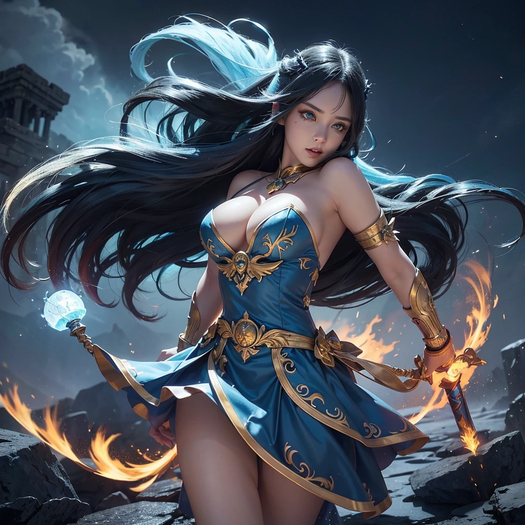 pretty face demon princess long beautiful hair windblown in a blue, silver, yellow, red and gold costume, striking jumping fighting stunning pose on a stormy frosty skull floor, intricate tattoo on her body, kylin mount, straight forward.
The background features a extremely frosted sky, with vibrant darkness and effects like lightning smoke ice and flame. also includes mechanical body cosplay, fairy tale elements, and demonic wings. She is holding a giant ancient sword.