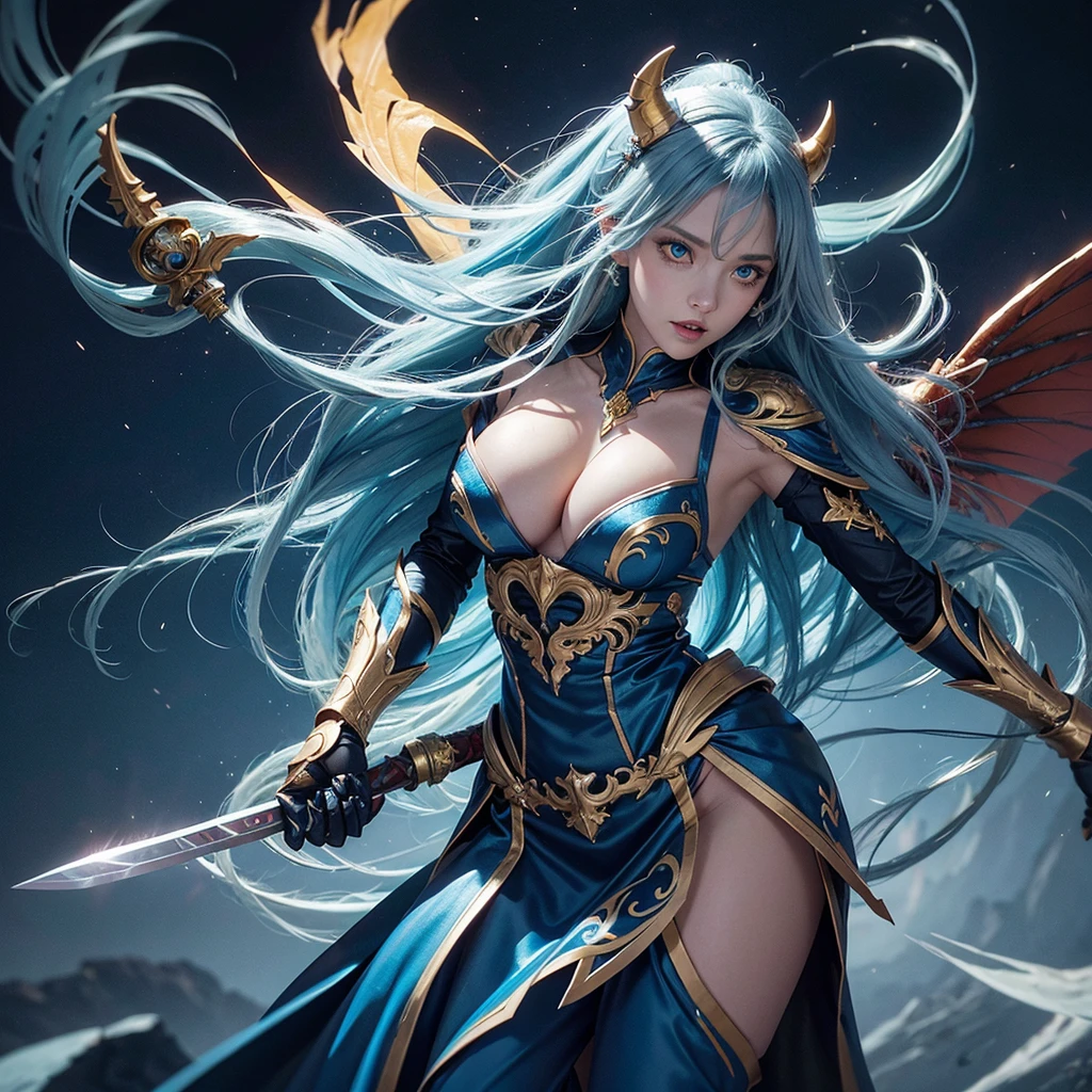 pretty face demon princess long beautiful hair windblown in a blue, silver, yellow, red and gold costume, striking jumping fighting stunning pose on a stormy frosty skull floor, intricate tattoo on her body, kylin mount, straight forward.
The background features a extremely frosted sky, with vibrant darkness and effects like lightning smoke ice and flame. also includes mechanical body cosplay, fairy tale elements, and demonic wings. She is holding a giant ancient sword.