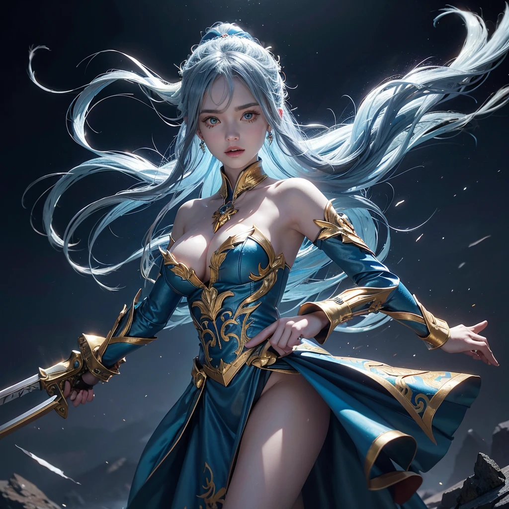 pretty face demon princess long beautiful hair windblown in a blue, silver, yellow, red and gold costume, striking jumping fighting stunning pose on a stormy frosty skull floor, intricate tattoo on her body, kylin mount, straight forward.
The background features a extremely frosted sky, with vibrant darkness and effects like lightning smoke ice and flame. also includes mechanical body cosplay, fairy tale elements, and demonic wings. She is holding a giant ancient sword.