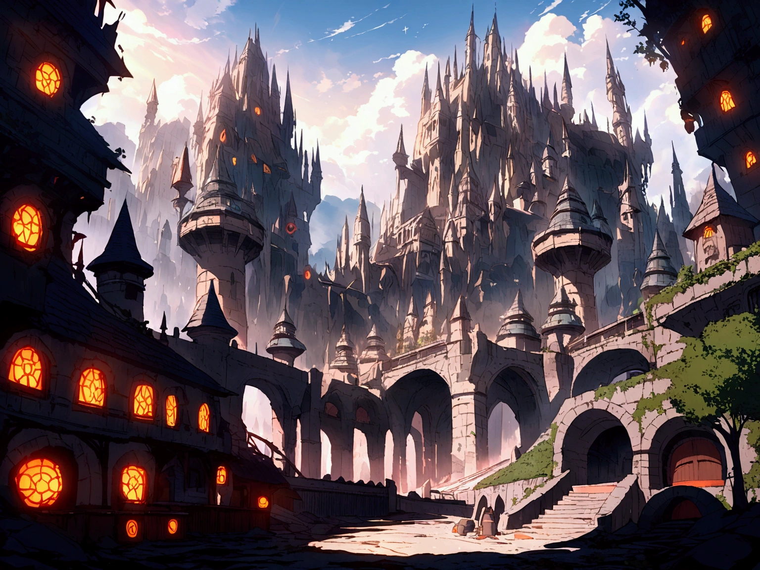 landscape A mechanized castle in the center of the screen Half-destroyed buildings line the surrounding area. A fusion of medieval and futuristic science Dark fantasy