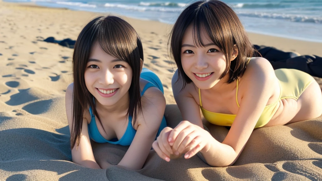 Photos of cute 18 year old Japanese girls、Bob Hair、Droopy eyes、Tear bags、single eyelid、1 girl、bikini、smile、(Photo on all fours:1.4)、beach