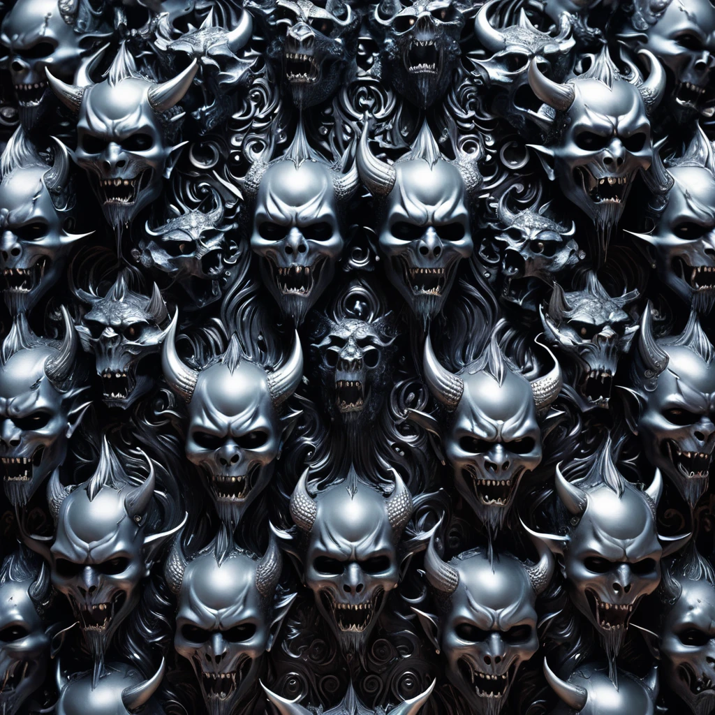gothic, many demon heads, like liquid ink, dripping water into each other, detailed, ornate surrealism hyperrealism NSFW, detailed, realistic, 8k contract, high quality