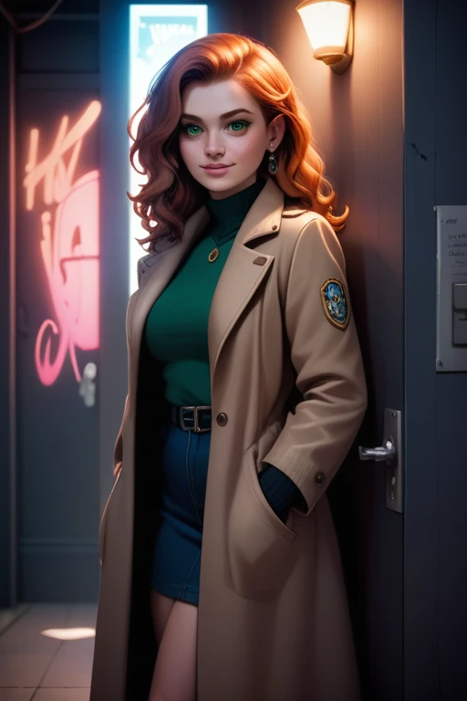 Tall and slender busty woman; wavy auburn hair; piercing green eyes; fair skin with a few freckles; athletic build; confident; girl-next-door look; soft and cute features); in a graffiti-covered utility tunnel; best quality; trending on artstation; dark room with complex volumetric lighting; strong shadows; artistic lighting; dynamic; energetic vibe; realistic skin; specular highlights; micro-textures; highly detailed hair; wearing a greatcoat, warm clothing; homeless