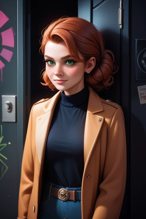 Tall and slender busty woman; wavy auburn hair; piercing green eyes; fair skin with a few freckles; athletic build; confident; girl-next-door look; soft and cute features); in a graffiti-covered utility tunnel; best quality; trending on artstation; dark room with complex volumetric lighting; strong shadows; artistic lighting; dynamic; energetic vibe; realistic skin; specular highlights; micro-textures; highly detailed hair; wearing a greatcoat, warm clothing; homeless