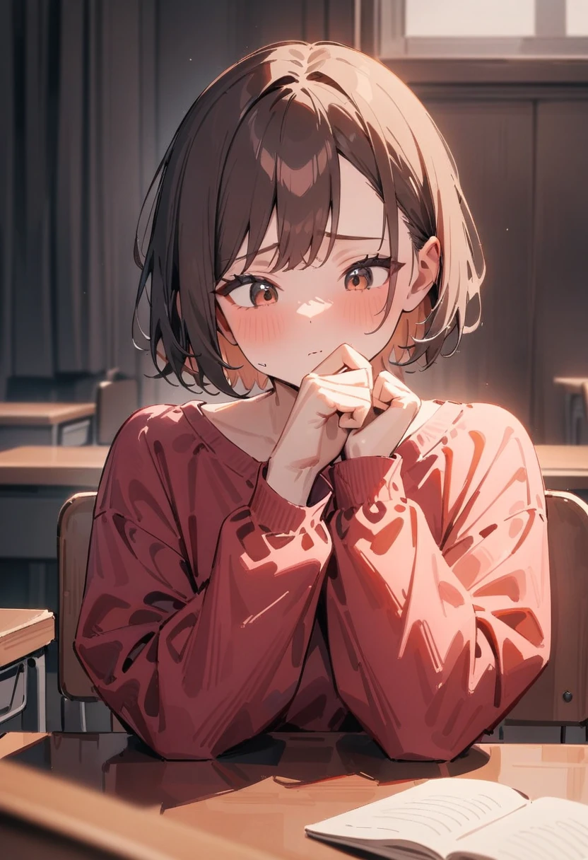 masterpiece, best quality, very aesthetic, absurdres, newest, 1girl, solo, asymmetrical bangs, tareme, 1girl, solo, short hair, indoors, brown hair, shirt, long sleeves, upper body, hand up, red shirt, pink shirt, thinking, looking down, desk, chair