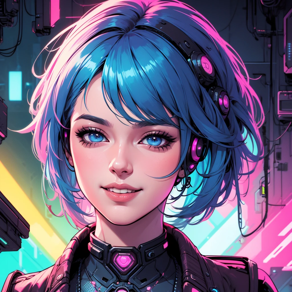 there is a woman with blue hair and a jacket, hyper-realistic cyberpunk style, realistic art style, Retrato ciberpunk, 🤤 portrait of , cyberpunk artstyle, cyberpunk anime digital art, Retrato de RossDraws, garota cyberpunk sonhadora, the cyberpunk portrait of , portrait of cg society, cyberpunk style ， hyper realist, realism art style, photorealistic art style, rossdraws pastel vibrante, smiling, 80s comic style image