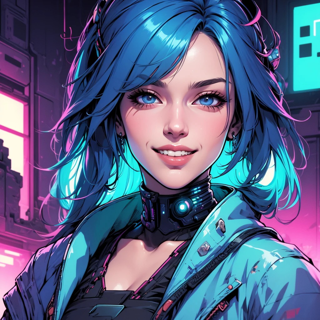 there is a woman with blue hair and a jacket, hyper-realistic cyberpunk style, realistic art style, Retrato ciberpunk, 🤤 portrait of , cyberpunk artstyle, cyberpunk anime digital art, Retrato de RossDraws, garota cyberpunk sonhadora, the cyberpunk portrait of , portrait of cg society, cyberpunk style , hyper realist, realism art style, photorealistic art style, rossdraws pastel vibrante, smiling, 80s comic style image