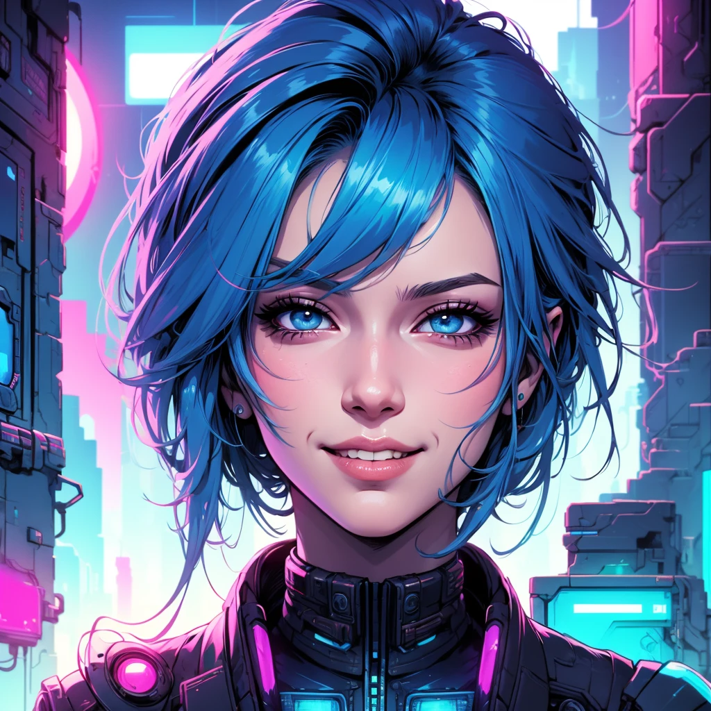 there is a woman with blue hair and a jacket, hyper-realistic cyberpunk style, realistic art style, Retrato ciberpunk, 🤤 portrait of , cyberpunk artstyle, cyberpunk anime digital art, Retrato de RossDraws, garota cyberpunk sonhadora, the cyberpunk portrait of , portrait of cg society, cyberpunk style ， hyper realist, realism art style, photorealistic art style, rossdraws pastel vibrante, smiling, 80s comic style image