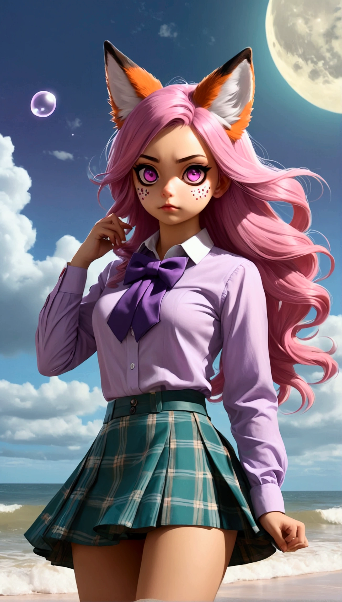 (One girl, size), (guitar alone), bubble skirt, aqua shirt, bow, bowtie, button, collared shirt, Expressionless, Eyebrows hidden by hair, fox mask, Cowboy Shot, Long Hair, Long sleeve, mask, multicolored button, Pink Eyes, Pink Hair, orange skirt, Plaid, Plaid shirt, purple bow, purple bowtie, shirt, skirt, alone, very Long Hair, Ocean, Ocean, Beach, cloudy, sunlight, evening, moon, cloud, null, Outdoor, cloudy null, leaf, Remains, Sunbeam, Post-apocalyptic, Side view