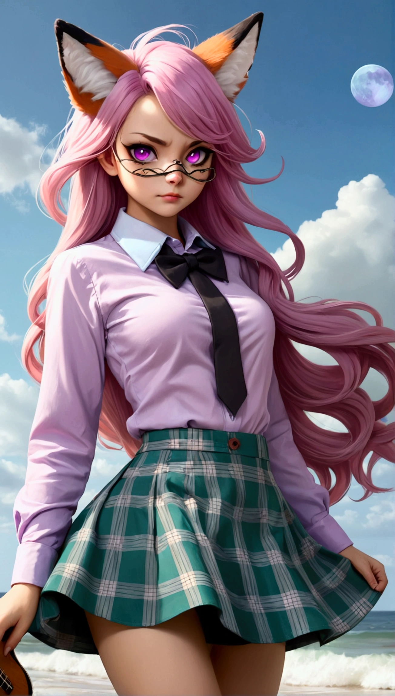 (One girl, size), (guitar alone), bubble skirt, aqua shirt, bow, bowtie, button, collared shirt, Expressionless, Eyebrows hidden by hair, fox mask, Cowboy Shot, Long Hair, Long sleeve, mask, multicolored button, Pink Eyes, Pink Hair, orange skirt, Plaid, Plaid shirt, purple bow, purple bowtie, shirt, skirt, alone, very Long Hair, Ocean, Ocean, Beach, cloudy, sunlight, evening, moon, cloud, null, Outdoor, cloudy null, leaf, Remains, Sunbeam, Post-apocalyptic, Side view