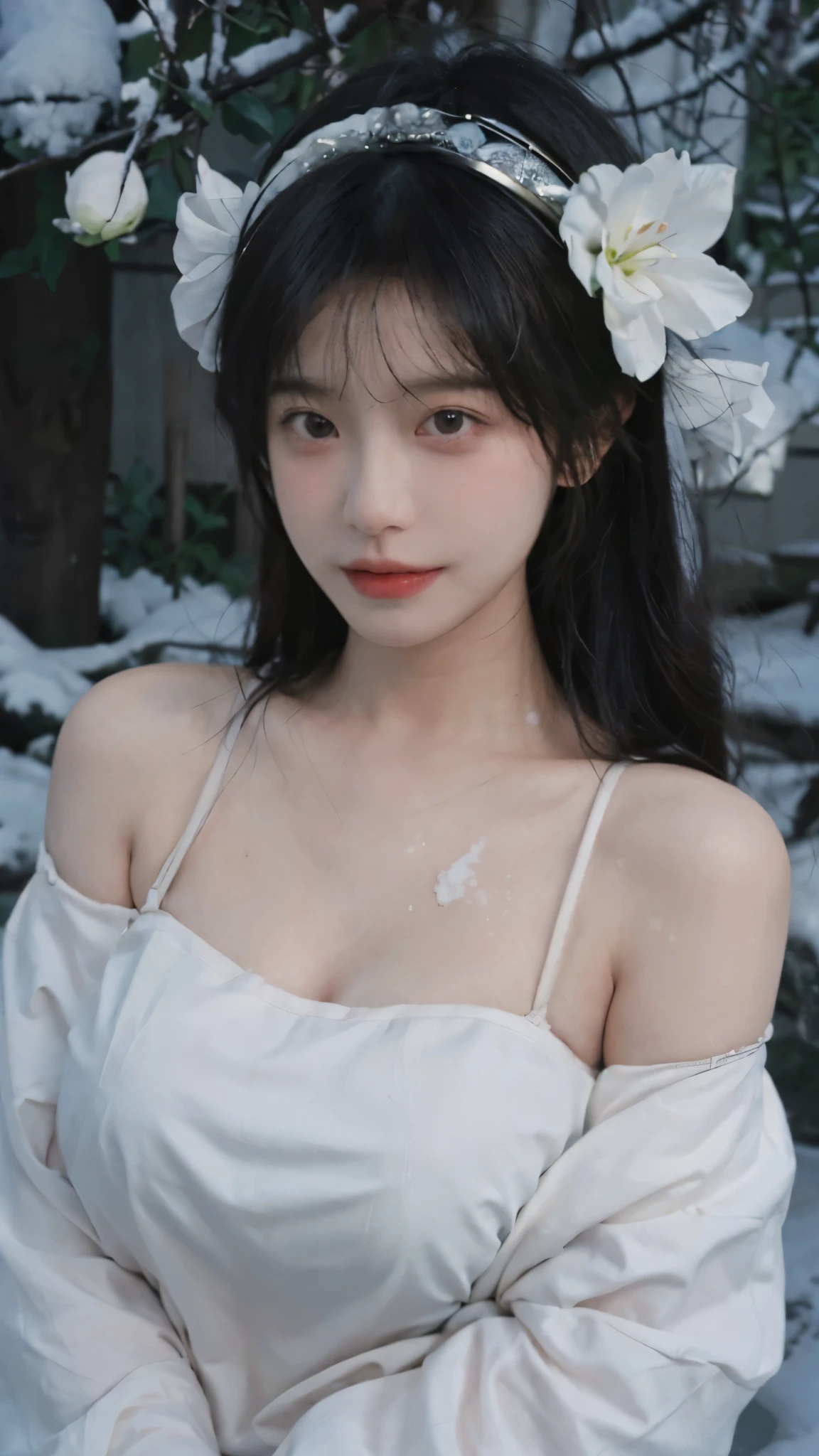 Portrait photography，1 girl，Off Shoulder，Snow Scene，Snowing background，Off Shoulder蝴蝶印花连衣裙女夏季性感辣妹收腰修身包臀裙子，Flowers，White，whole body：1.4，Lipstick，(Big Breasts:1.6)，Headband，serene，calm，(Realistic and detailed eyes，Natural skin texture，Realistic facial details)，