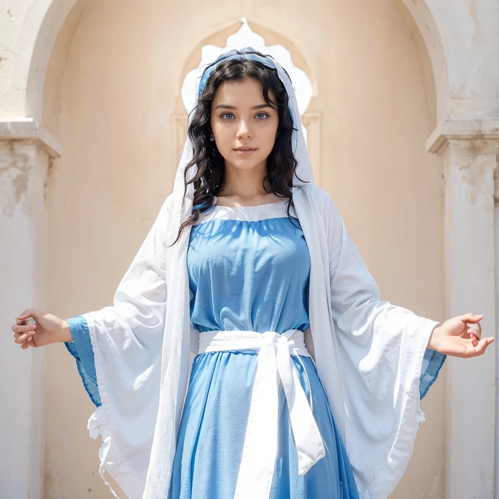 Beautiful woman with open arms, detailed light blue eyes, Curly black hair. wearing a blue tunic with wide, long sleeves adjusted at the waist by an interlaced white sash
