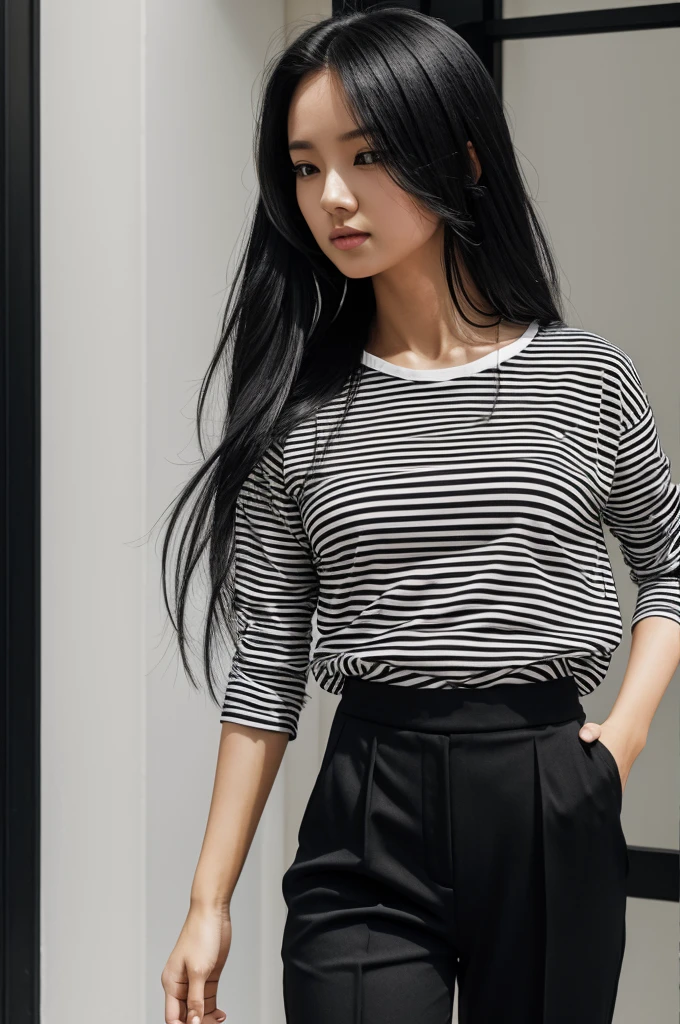 Long haired woman wearing a black and white striped shirt and black pants, anime, white skin