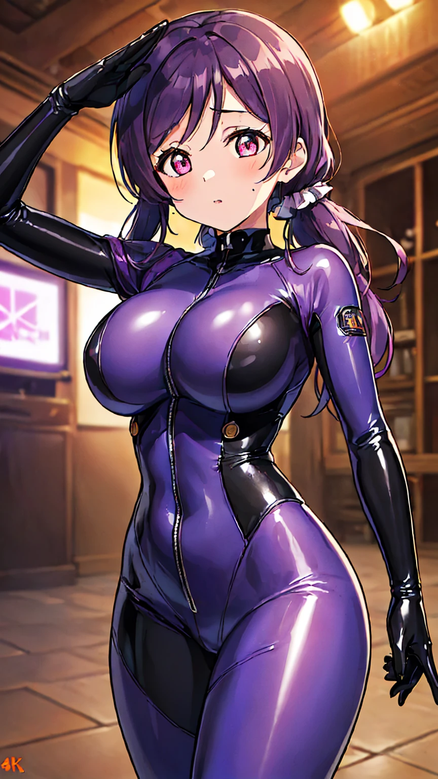 最high quality、Best image quality、masterpiece、((Nozomi Tojo Love Live))、Big breasted android girl((18-year-old、red, Glowing black and blue cyber suit、brainwashing,Combatant, Hollow Eyes,((Purple glowing eyes 1.5)), Huge breasts , Expressionless, Emotions are removed,(Black latex tight bodysuit),avert your eyes , whole body shape, ((stand up, Salute right hand)),(最high quality、4K、8k、High resolution、Must have:1.2)、Very detailed、(reality、that&#39;s reality的、reality的:1.37)、Best Bust、Bust 90、Twin tails、Open your chest wide、valley、happiness、thin、Expressionless、)）high quality、Beautiful art、background((Metro City、cyber punk、Nightclub、Cyber World))、Tabletop、Exquisite design、Visual Arts、Concept Artist、Five Fingers, Perfect body, {{{masterpiece}}}, {{{最high quality}}}, {{Very detailed}}, {shape}, {{Very delicate and beautiful}},Improved cost performance、All Roles、Canon 5D MK4でphotograph、photograph,