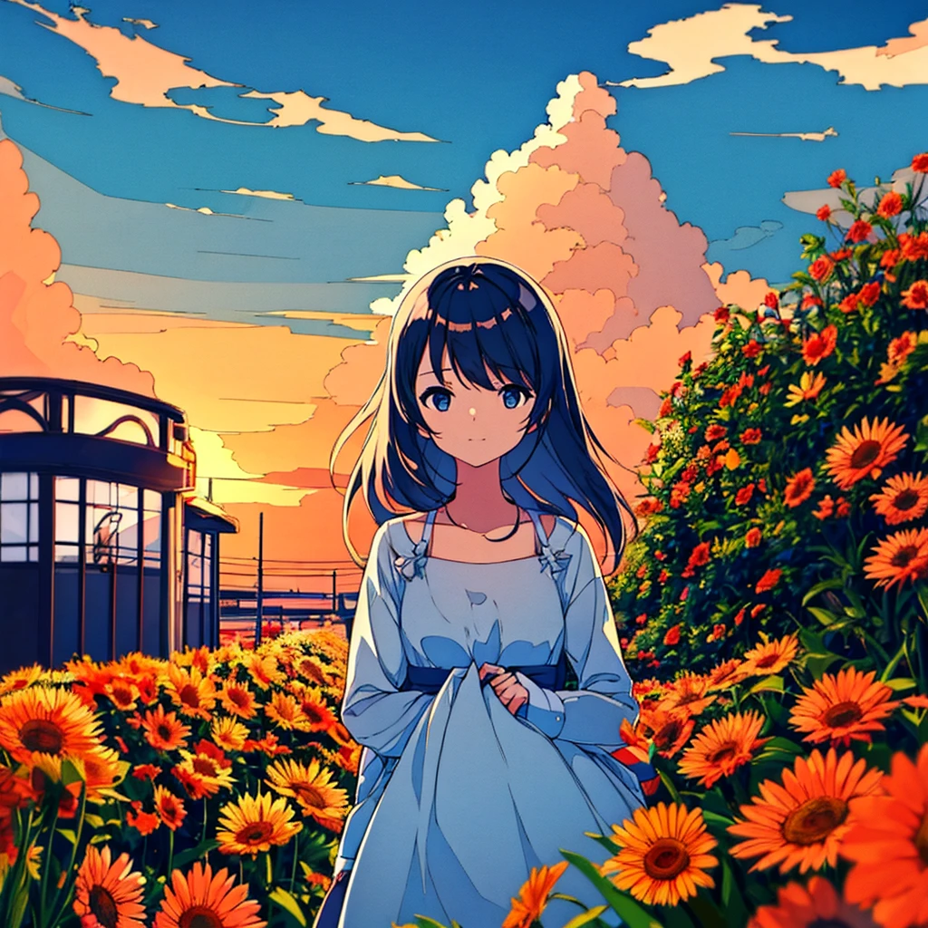Girl with a bouquet Modern Cumulonimbus Summer Flower shop Sunset Plain background Simple