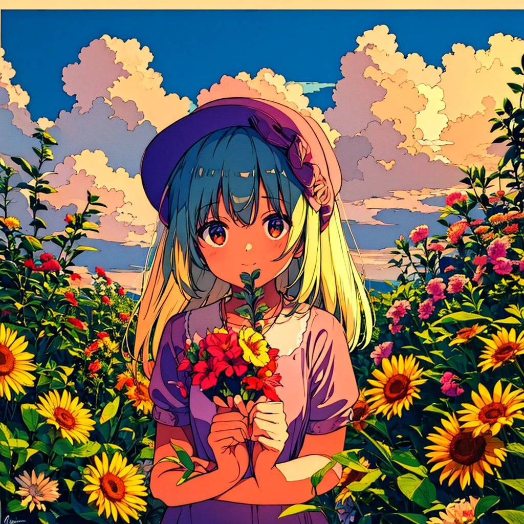 Girl with a bouquet Modern Cumulonimbus Summer Flower shop Sunset Plain background Simple