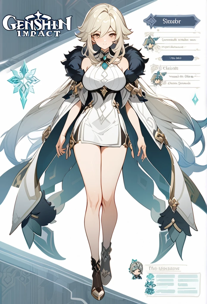Genshin impact, genshin impact outfit, large breast, standing, character sheet, white backgound, bare shoulders, fur mantle, long hair,
slender legs, milf, adult,