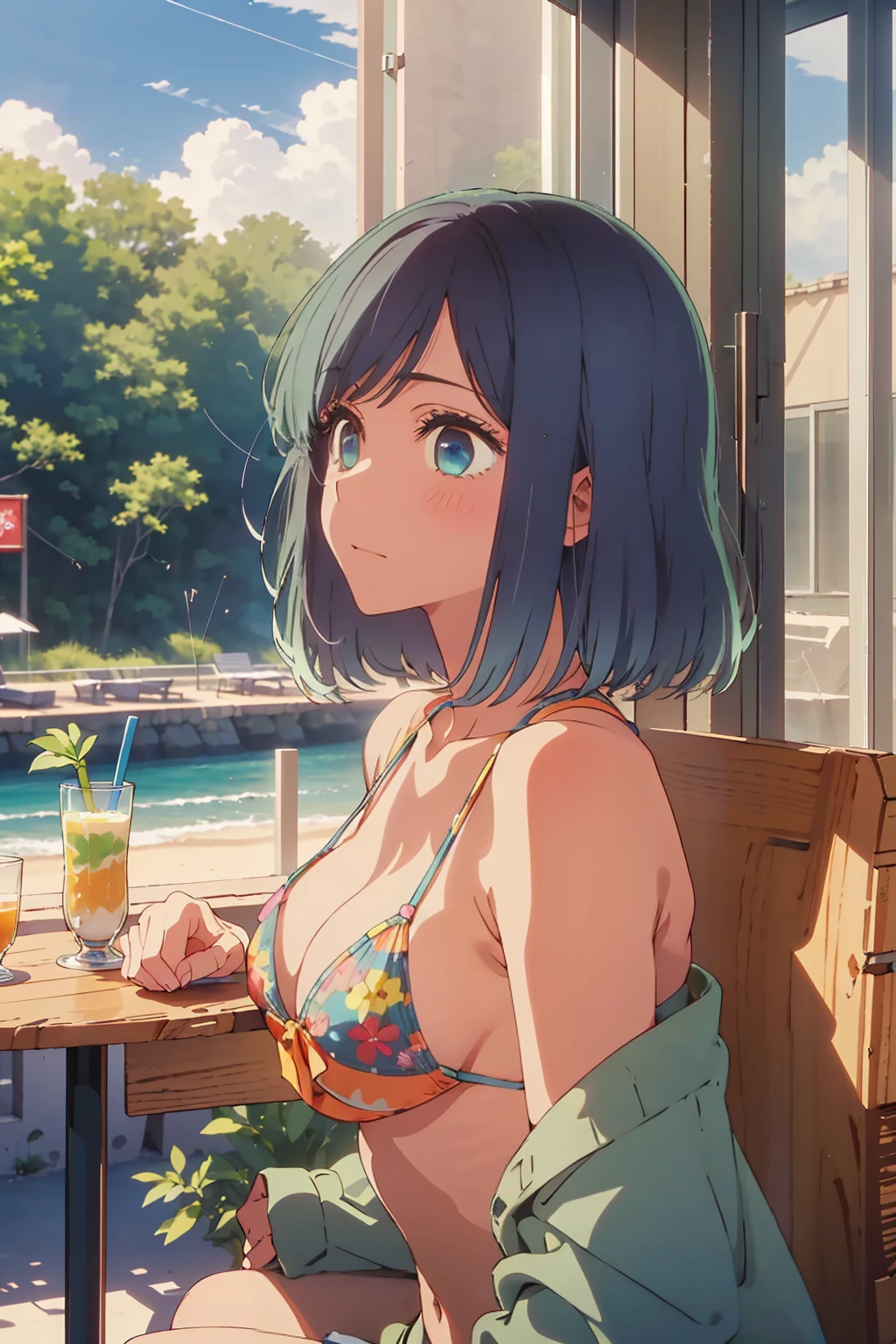 (Highest quality:1.4、masterpiece:1.4、Super detailed:1.4、8k:1.4)、((((1 person、Surprised expression、sit、Indoor cafe terrace、coastal、juice、table、Sandy Beach、juiceのグラスを持つ、Micro Bikini、Very soft 、Big eyes、Very cute face))))、(with a thunderstorm:1.4)、F cup bust、Medium breast、Underboob