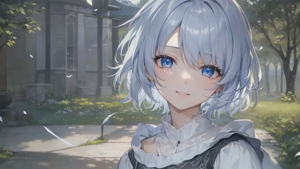 Ultra HD,Look at the viewers, Put your hands behind your back, With a girl, 20-year-old, 非常にShort Hair, Long bangs between the eyes, Pale blue eyes, Very detailed,(masterpiece、Highest quality),Gray Hair、Laughter、Fantastic, Silver Hair, Iris, Short hair、 Fluttering Hair、Small Face、明るいsmile、(Detailed face) ,Professional Lighting,Wonderful landscape,blue sky, sunlight,Looking down from above,Portraiture、Open your mouth、Flower Field、Her eyes were shining、Mysterious and enchanting atmosphere。With AI Painting、とてもShort Hair, Long bangs between the eyes, Very detailed,(masterpiece、Highest quality)、alone、Gray Hair、Fantasy, Silver Hair, Fantasyな風景、smile、Open your mouth、short hair、Short Hair、hairpin、black eye、Grey Eyes、Beautiful Eyes、Black Shirt、White hoodie