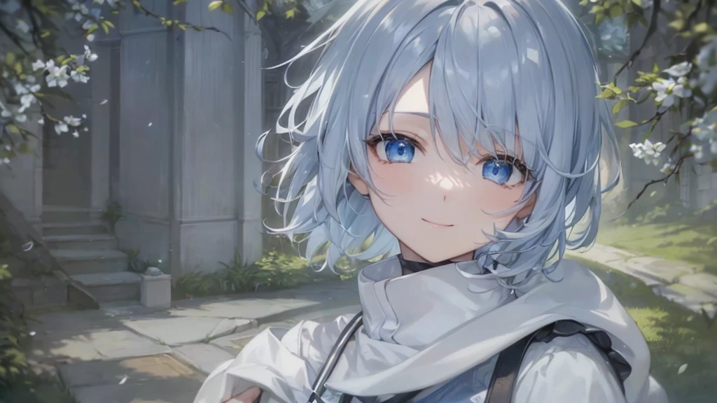 Ultra HD,Look at the viewers, Put your hands behind your back, With a girl, 20-year-old, 非常にShort Hair, Long bangs between the eyes, Pale blue eyes,  Very detailed,(masterpiece、Highest quality),Gray Hair、Laughter、Fantastic, Silver Hair, Iris,  Short hair、 Fluttering Hair、Small Face、明るいsmile、(Detailed face) ,Professional Lighting,Wonderful landscape,blue sky, sunlight,Looking down from above,Portraiture、Open your mouth、Flower Field、Her eyes were shining、Mysterious and enchanting atmosphere。With AI Painting、とてもShort Hair, Long bangs between the eyes, Very detailed,(masterpiece、Highest quality)、alone、Gray Hair、Fantasy, Silver Hair, Fantasyな風景、smile、Open your mouth、short hair、Short Hair、hairpin、black eye、Grey Eyes、Beautiful Eyes、Black Shirt、White hoodie