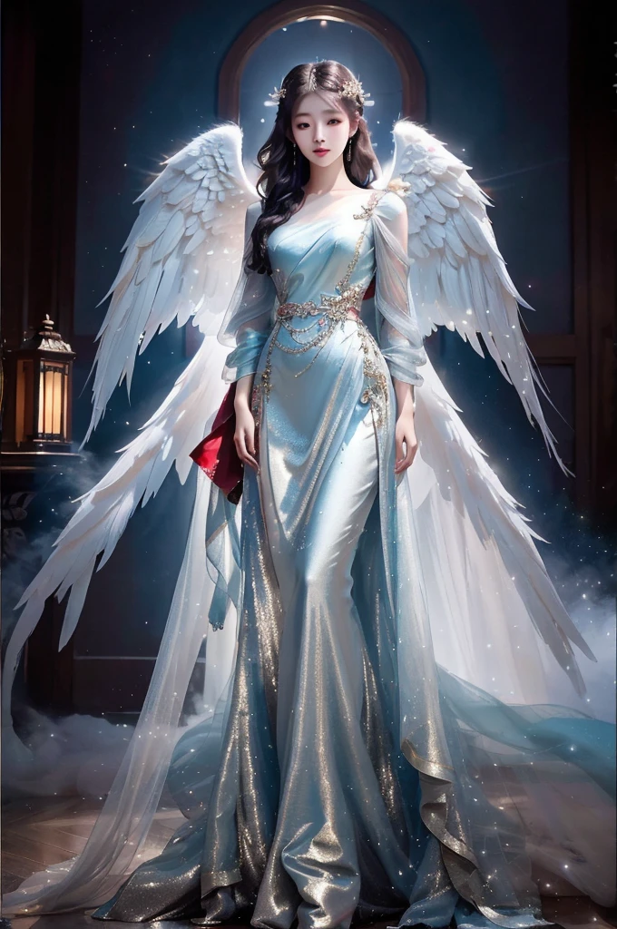 High quality photo, A beautiful young korean girl, angelic, descending from heaven, elegant and graceful, wearing a glittering full-length dress, slim and gorgeous figure, cinematic lighting, highly detailed, photorealistic, 8K, masterpiece