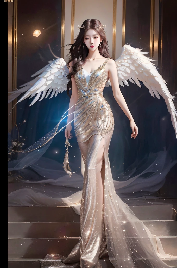 High quality photo, A beautiful young korean girl, angelic, descending from heaven, elegant and graceful, wearing a glittering full-length dress, slim and gorgeous figure, cinematic lighting, highly detailed, photorealistic, 8K, masterpiece