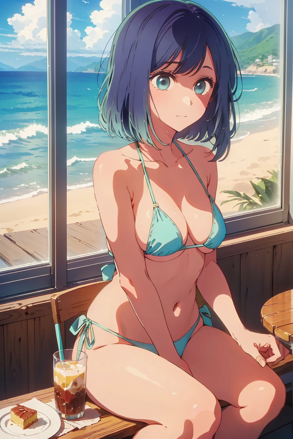 (Highest quality:1.4、masterpiece:1.4、Super detailed:1.4、8k:1.4)、((((1 person、Surprised expression、sit、Cafe Terrace、coastal、juice、table、Sandy Beach、juiceのグラスを持つ、Micro Bikini、Very soft 、Big eyes、Very cute face))))、F cup bust、Medium breast、Underboob